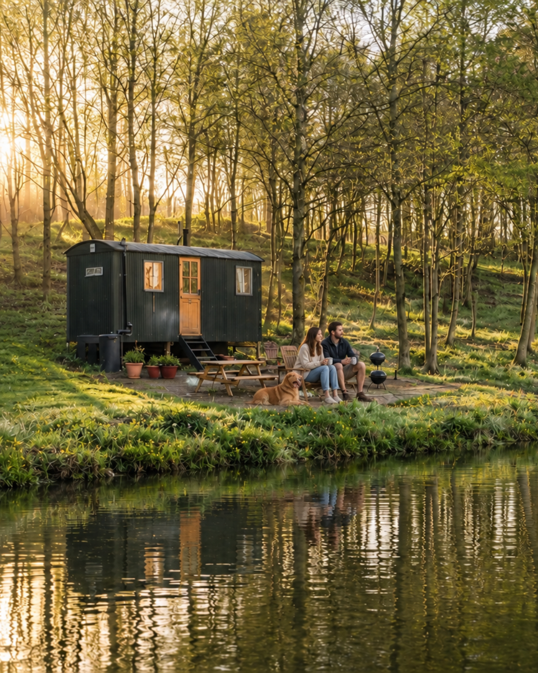Shepherd's hut by the pond at Holt with a couple and golden retriever, North Norfolk, UK