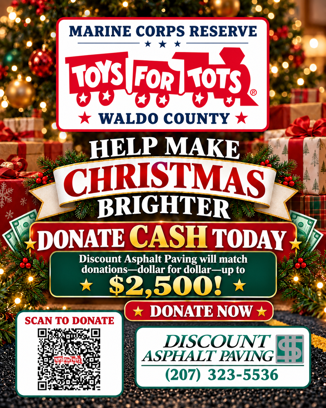Discount Asphalt Paving Toys for Tots Waldo County donation match graphic with QR code