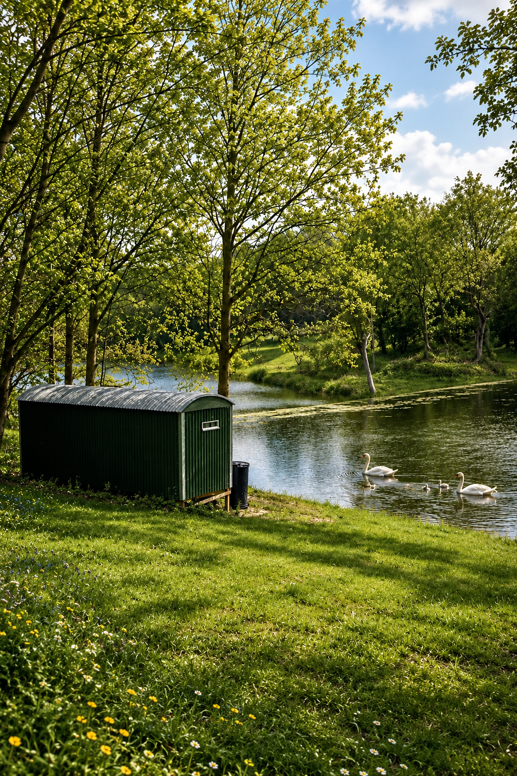 Dark green shepherd's hut beside a pond with swans, Holt woodland, North Norfolk, UK