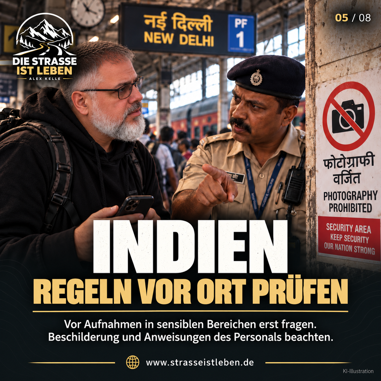 KI-Illustration: Alex Kelle spricht an einem Bahnhof in Indien mit einem Sicherheitsmitarbeiter über die örtlichen Fotoregeln.