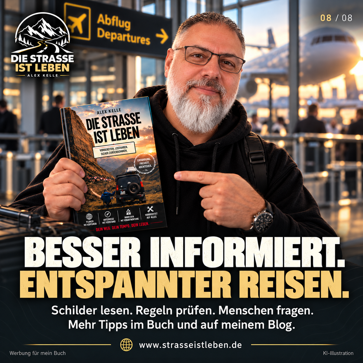 KI-Illustration: Alex Kelle zeigt sein Buch „Die Straße ist Leben“ mit Tipps und Checklisten für unterwegs.