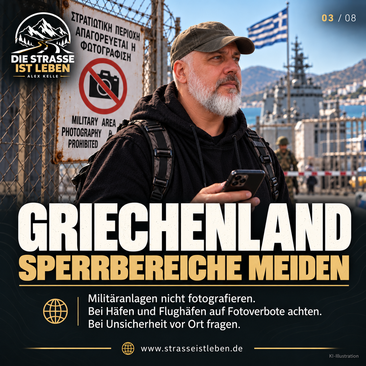 KI-Illustration: Alex Kelle vor einem militärischen Hafen in Griechenland neben einem Schild mit Fotografierverbot.