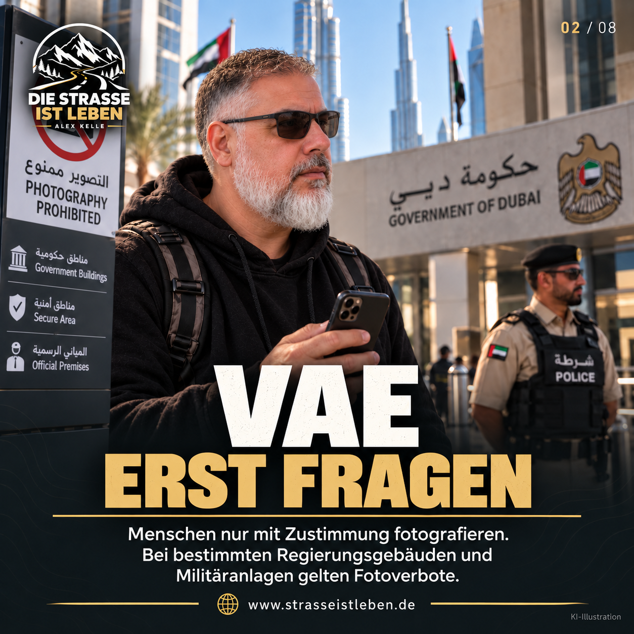 KI-Illustration: Alex Kelle vor einem Regierungsgebäude in Dubai; ein Schild weist auf ein Fotografierverbot hin.