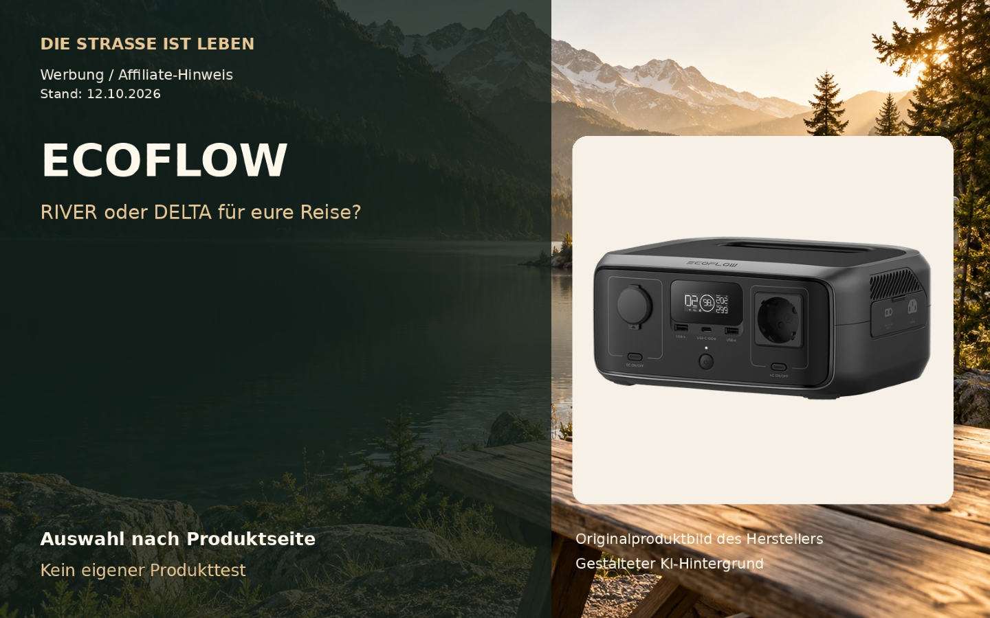 EcoFlow RIVER 3 als Originalproduktbild vor gestaltetem Reisehintergrund