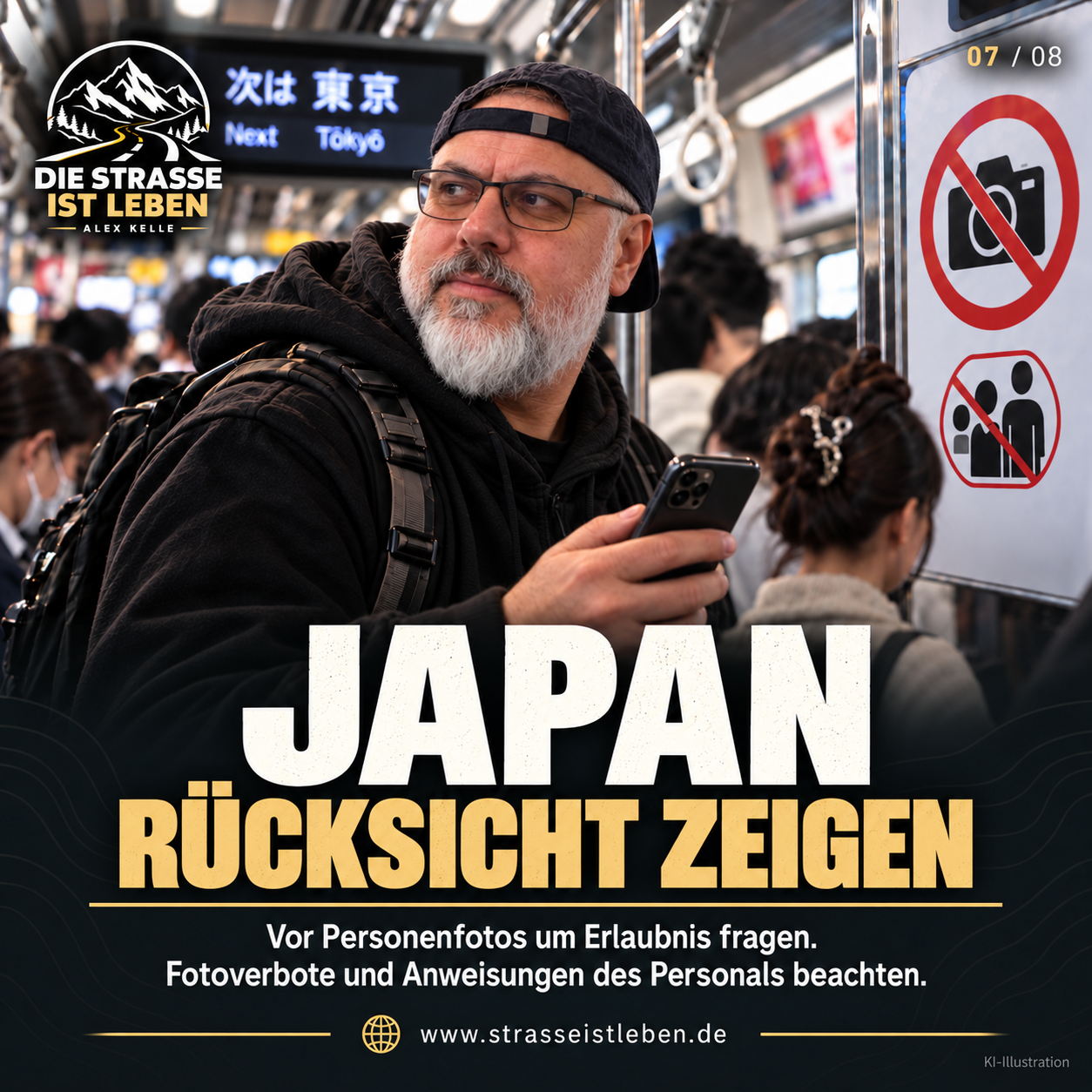 KI-Illustration: Alex Kelle mit Smartphone in einem japanischen Zug; ein Hinweisschild erinnert an Rücksicht auf andere Reisende.