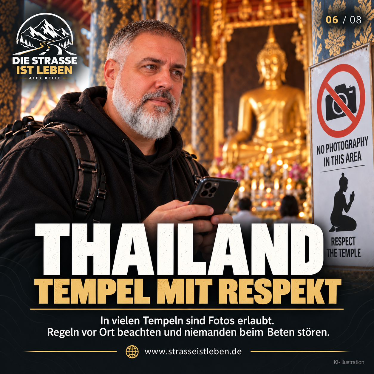 KI-Illustration: Alex Kelle in einem thailändischen Tempel; ein Hinweisschild bittet um Respekt und untersagt Fotos in diesem Bereich.