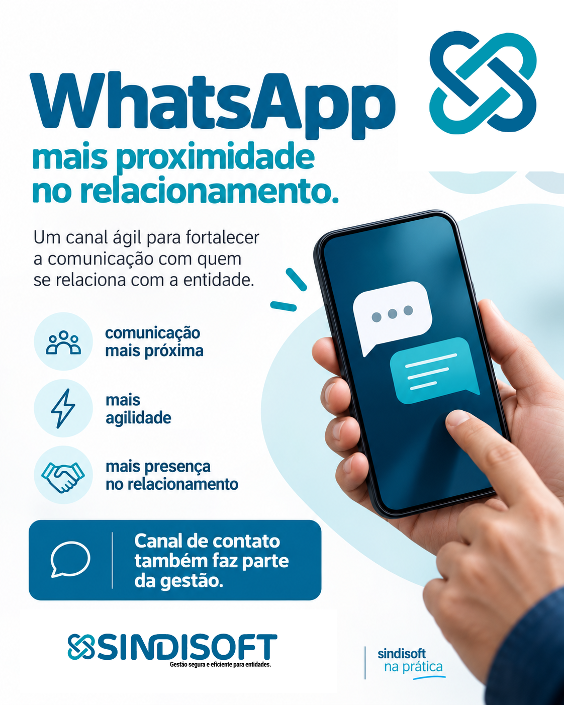 Arte oficial da Sindisoft sobre comunicação via WhatsApp para sindicatos
