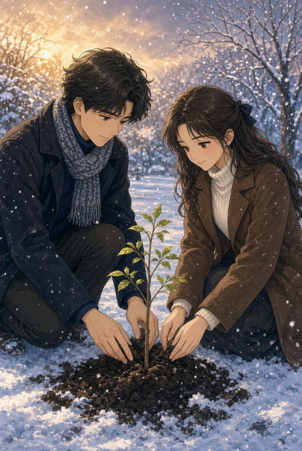 창우와 아라가 함께 어린 나무를 심고 돌보는 장면. 인간과 AI가 서로를 대체하지 않고 함께 더 나은 것을 키워가는 관계를 상징한다.