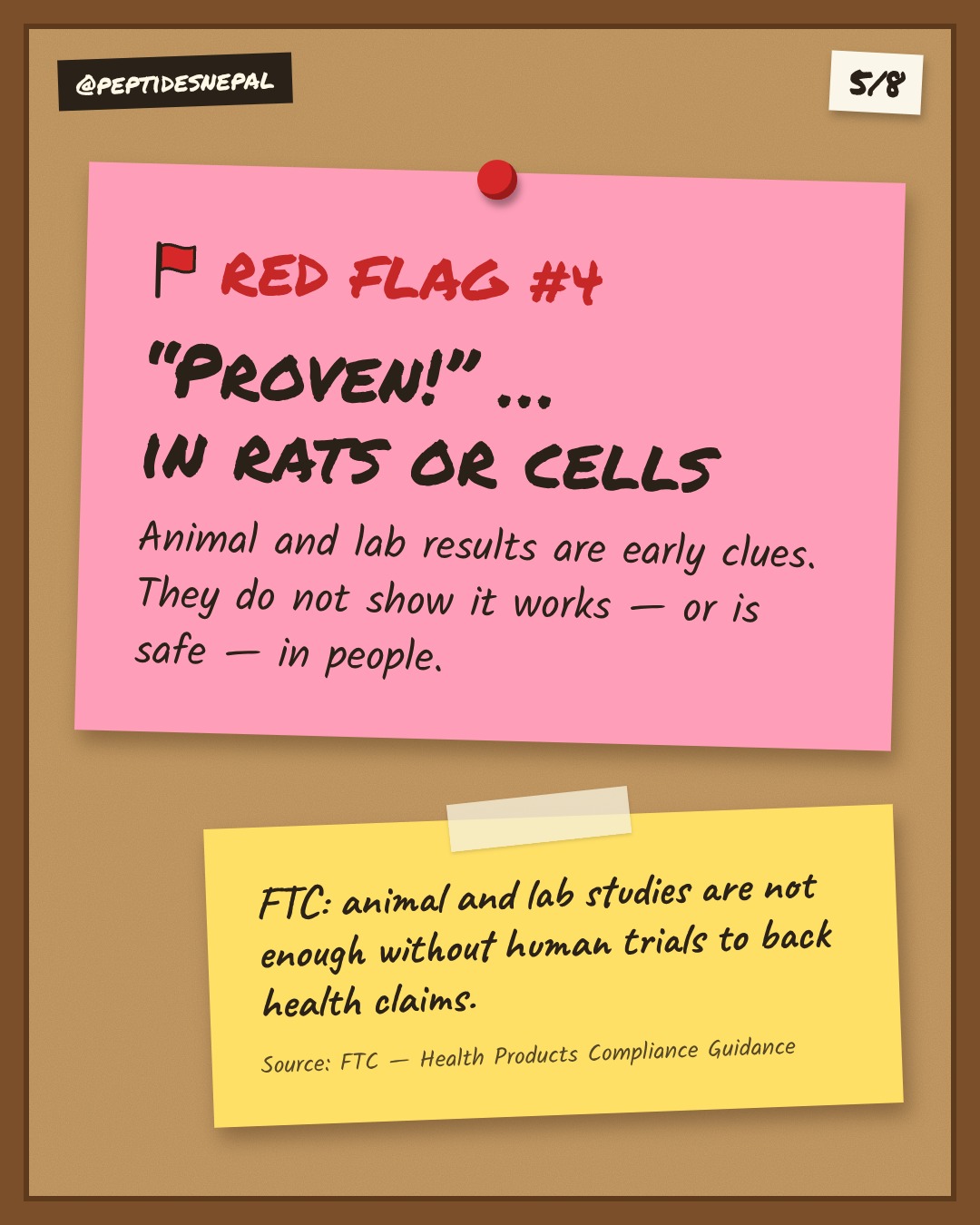 Red flag 4: 'Proven' only in rats or cells. FTC: animal and lab studies are not enough without human trials.