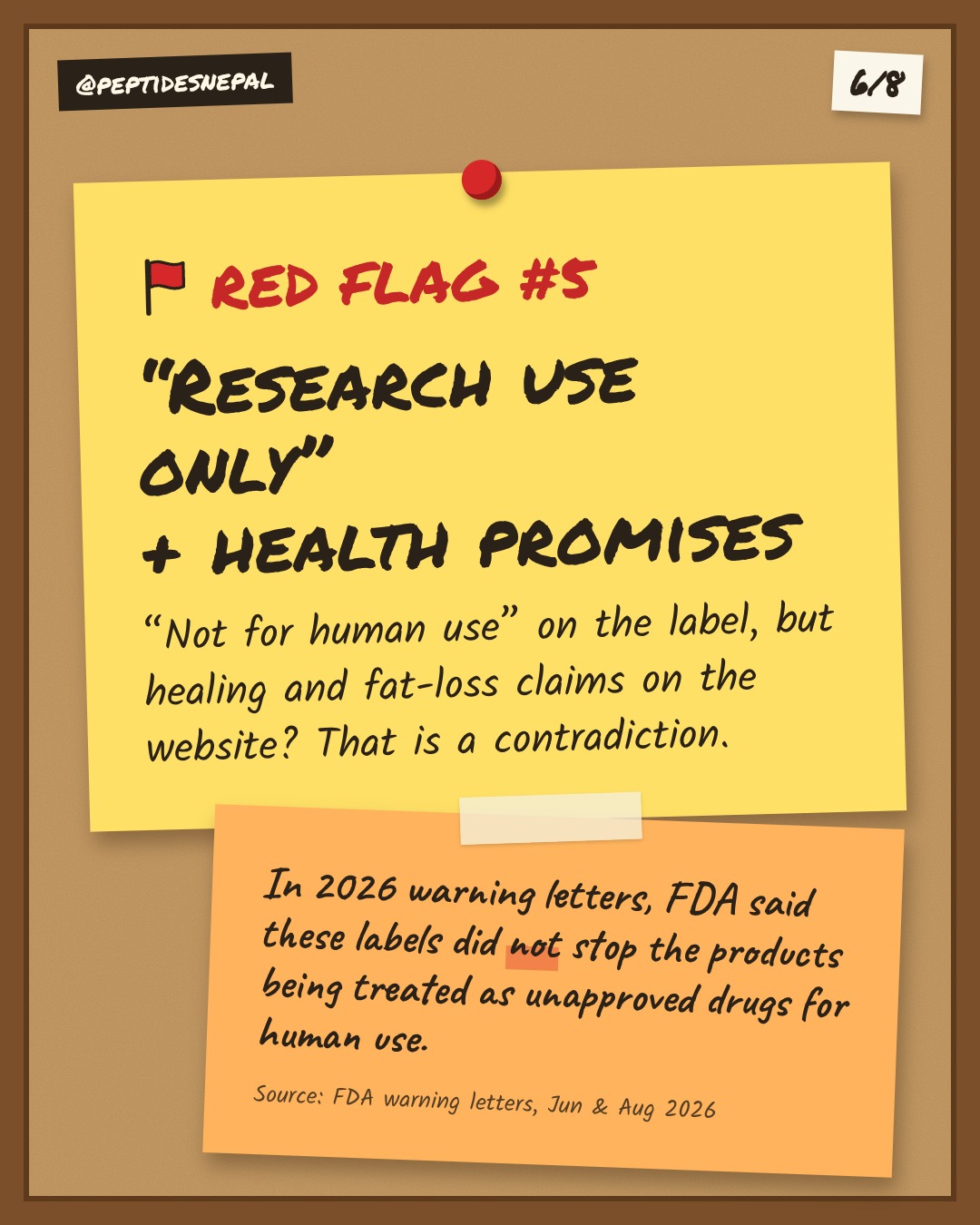 Red flag 5: 'Research use only' label plus health promises. FDA 2026 warning letters treated such products as unapproved drugs.