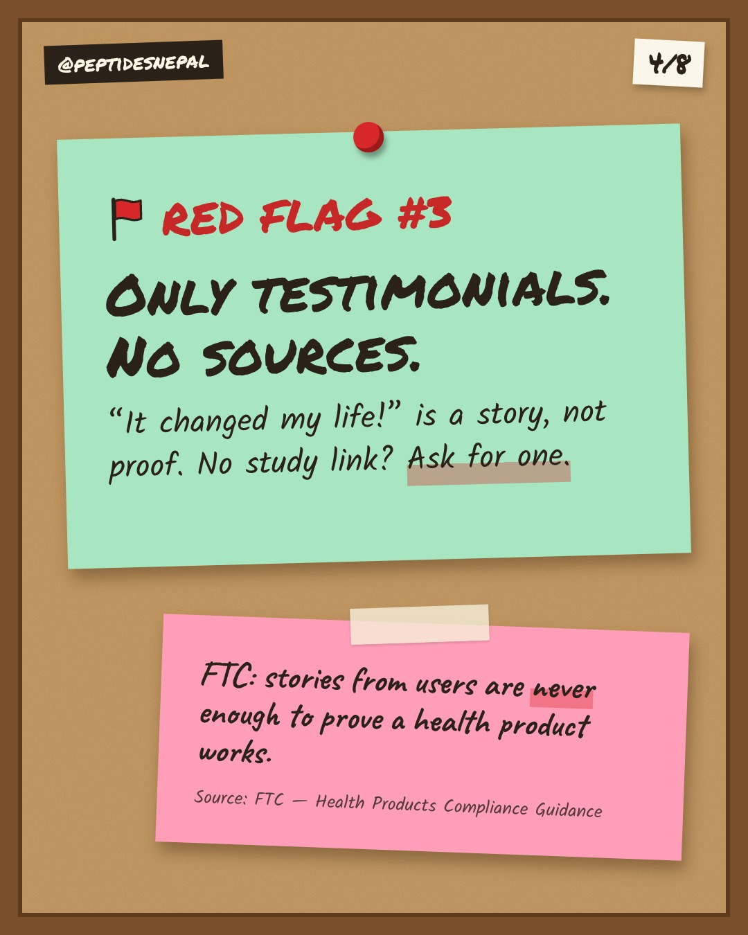 Red flag 3: only testimonials, no sources. FTC: user stories are never enough to prove a health product works.