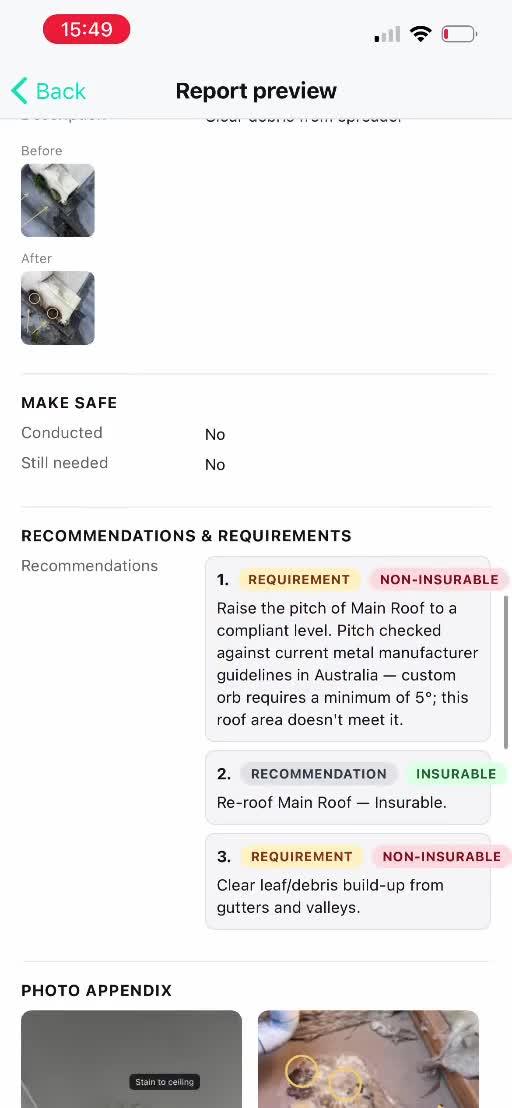 RoofDocket report preview showing recommendations requirements and photo appendix