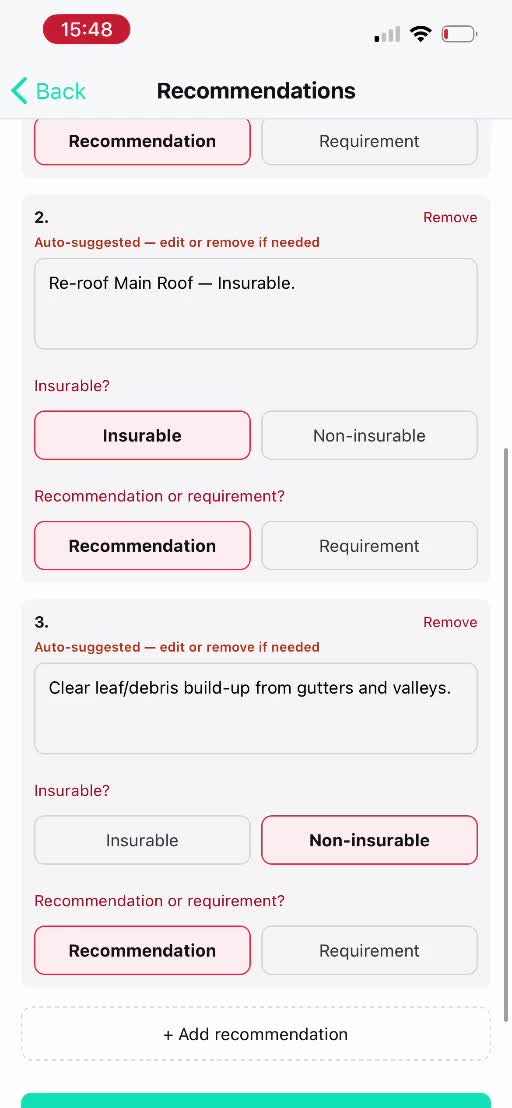 RoofDocket recommendations and requirements screen