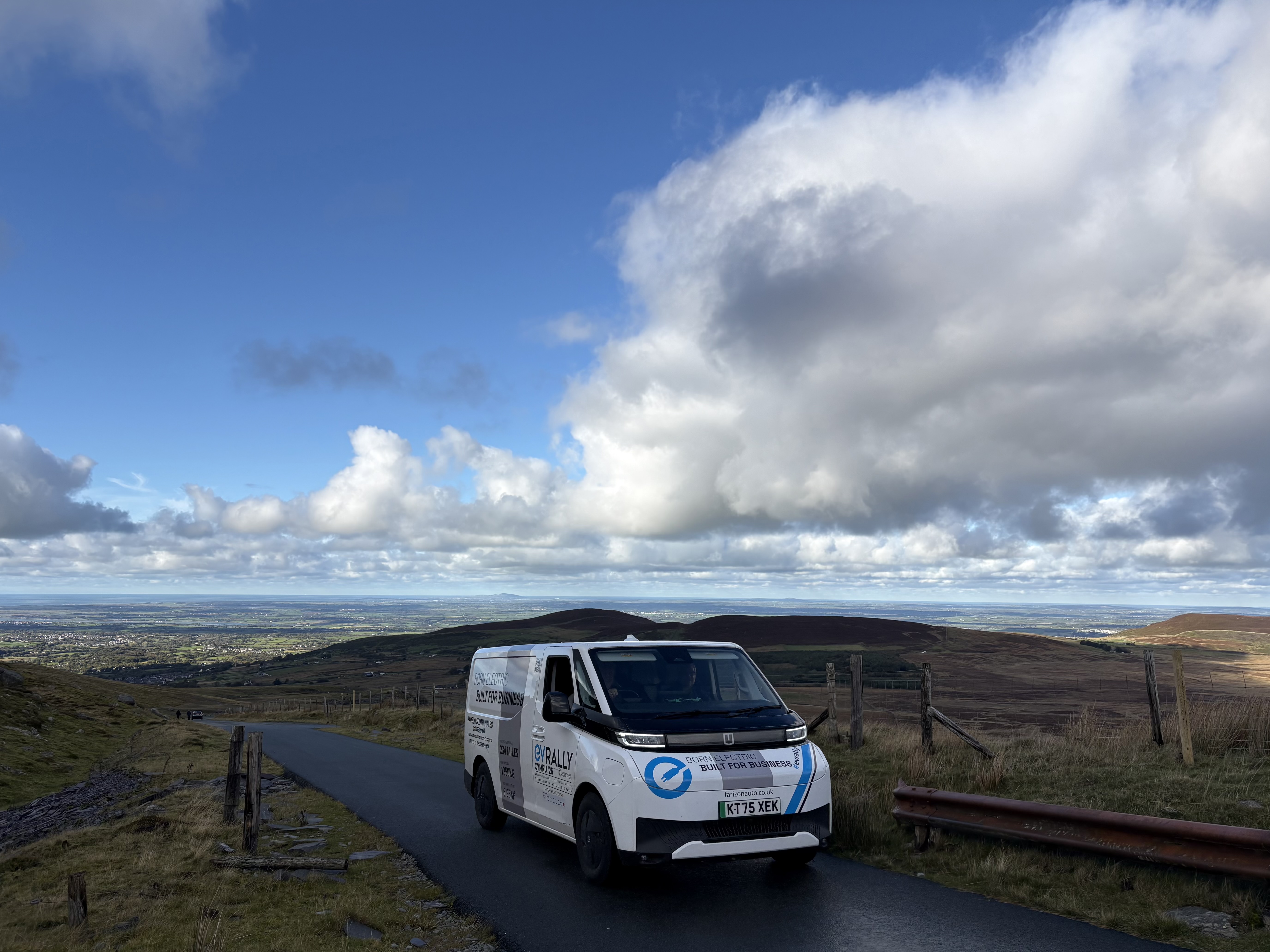Farizon electric van supporting EV Rally CYMRU 2026 on a road in the Welsh hills