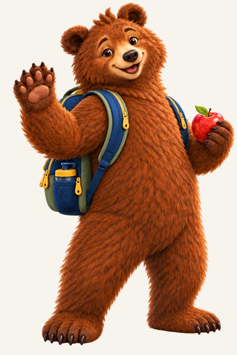 Tucker the Tahoe Bear with his blue and sage backpack