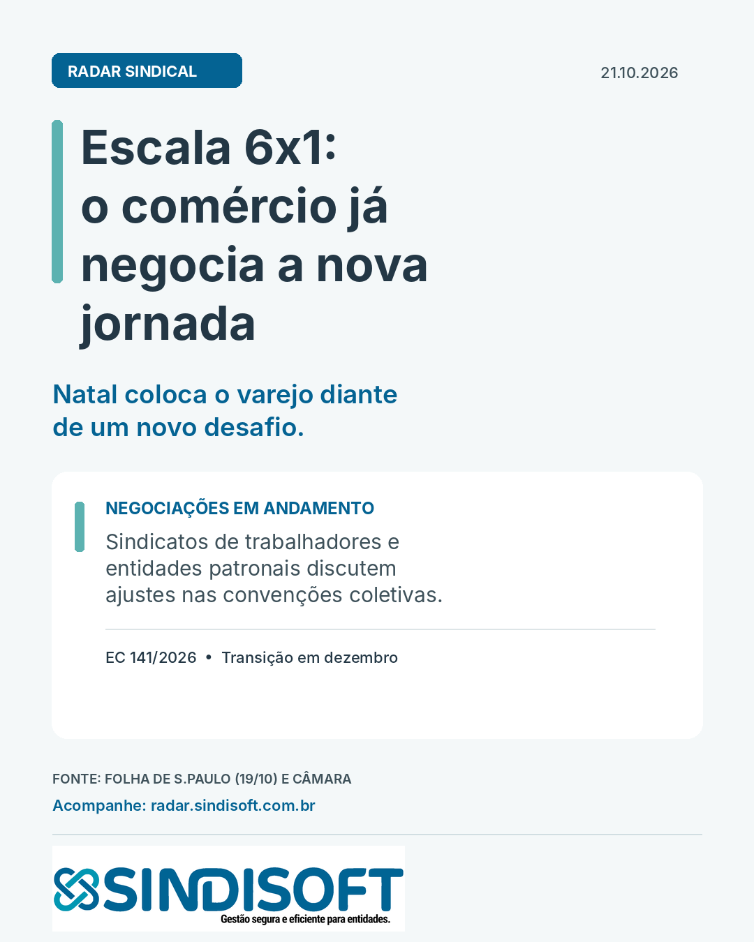 Arte editorial original da Sindisoft: Escala 6x1, comércio já negocia a nova jornada. Natal coloca o varejo diante de um novo desafio.