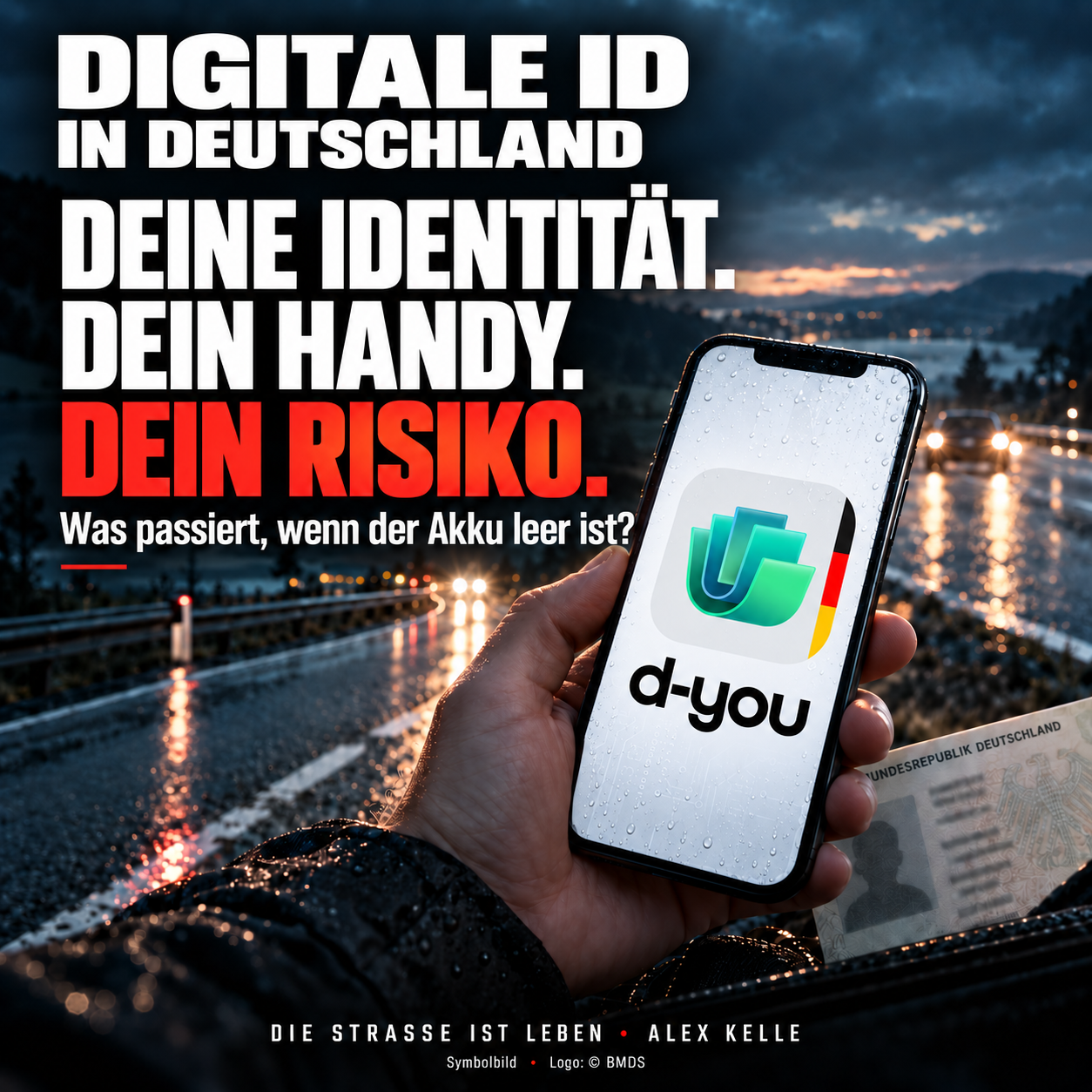 Digitale ID in Deutschland: Smartphone mit d-you-Logo. Deine Identität. Dein Handy. Dein Risiko.