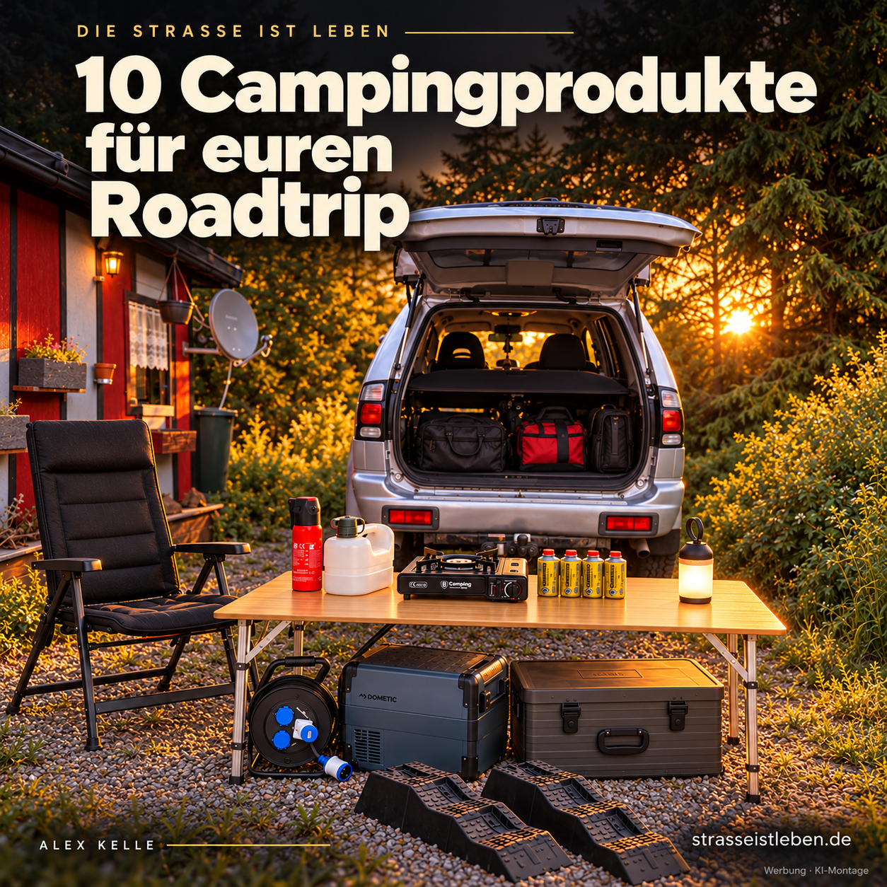 KI-Montage auf Basis meines Fotos: 10 Campingprodukte vor meinem Fahrzeug.