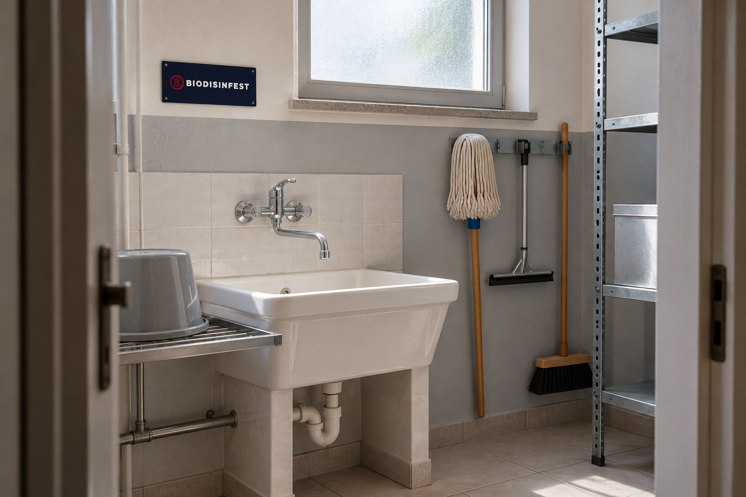 Locale pulizie condominiale con lavatoio, secchio vuoto e attrezzature sollevate da terra per l’asciugatura
