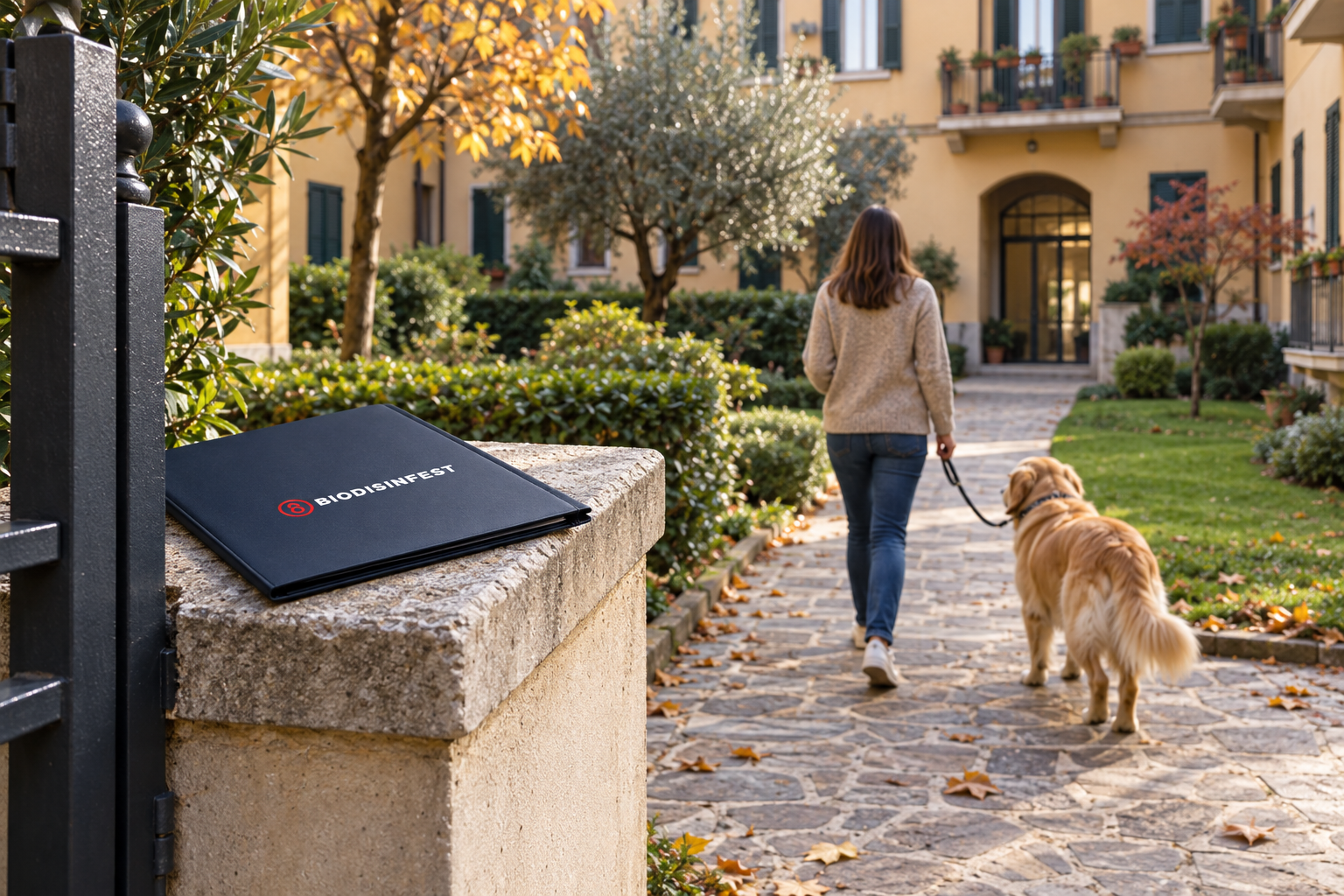 Cortile condominiale con un cane al guinzaglio lungo il percorso pedonale e cartella Biodisinfest
