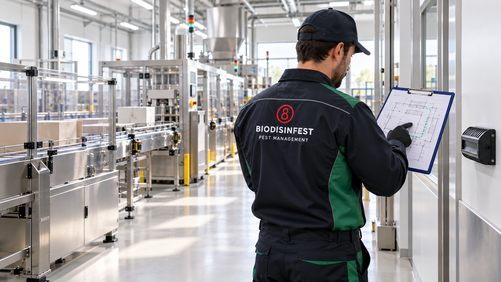 Tecnico Biodisinfest verifica la planimetria di una nuova linea produttiva alimentare