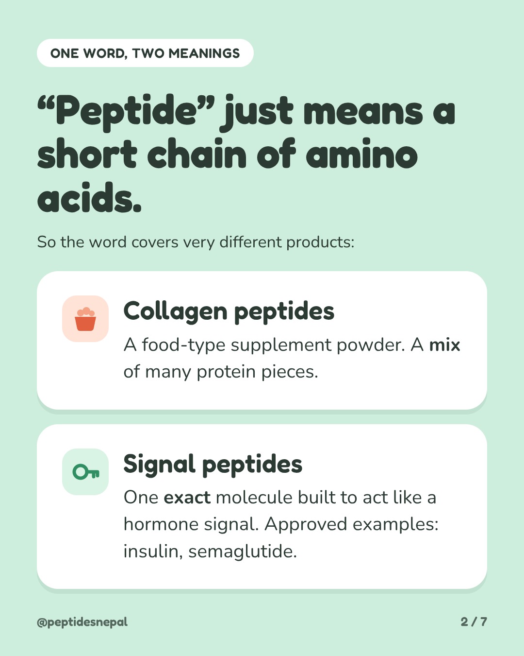 Peptide just means a short chain of amino acids. Collagen peptides: a food-type supplement powder, a mix of many protein pieces. Signal peptides: one exact molecule built to act like a hormone signal, for example insulin and semaglutide.