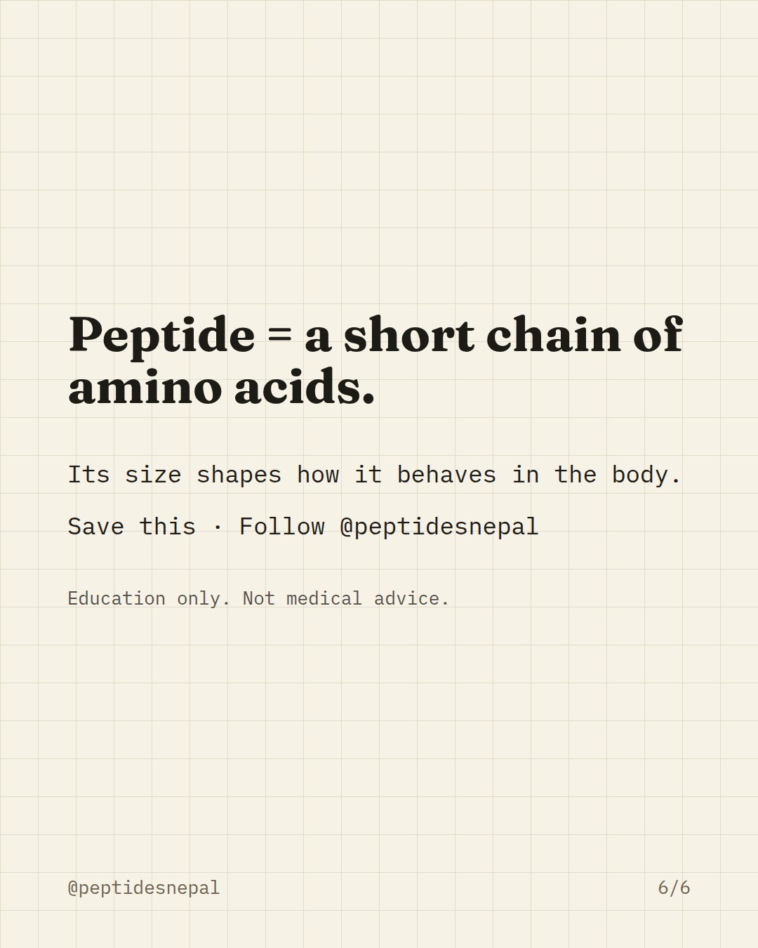 Peptide = a short chain of amino acids. Its size shapes how it behaves in the body. Save this · Follow @peptidesnepal Education only. Not medical advice.