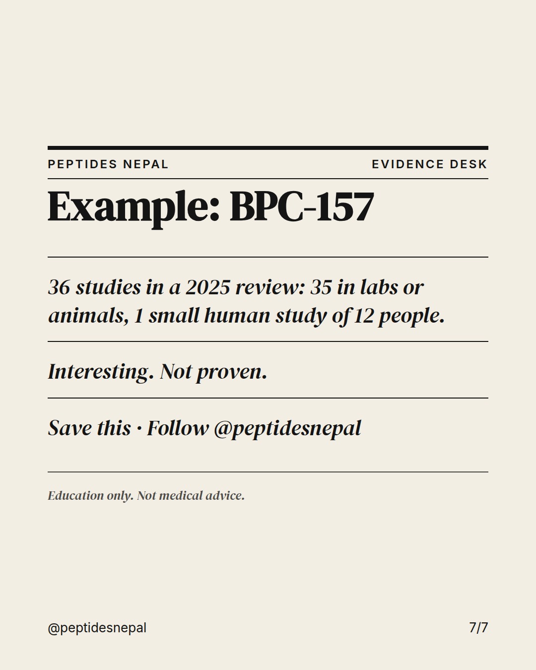 Example: BPC-157 36 studies in a 2025 review: 35 in labs or animals, 1 small human study of 12 people. Interesting. Not proven. Save this · Follow @peptidesnepal Education only. Not medical advice.