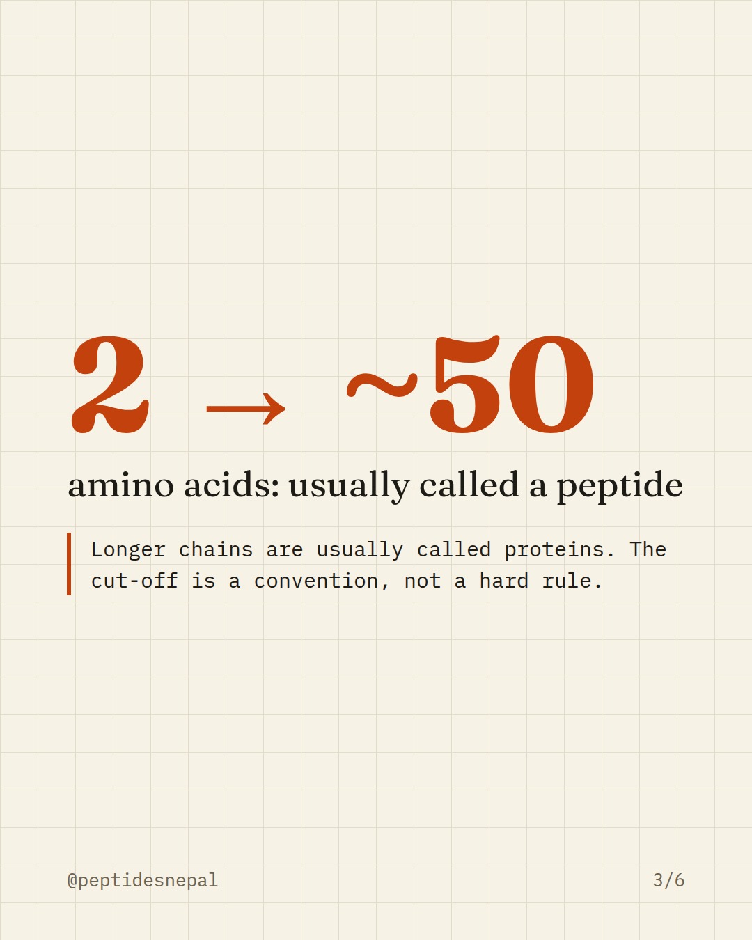 2 → ~50 amino acids: usually called a peptide. Longer chains are usually called proteins. The cut-off is a convention, not a hard rule.