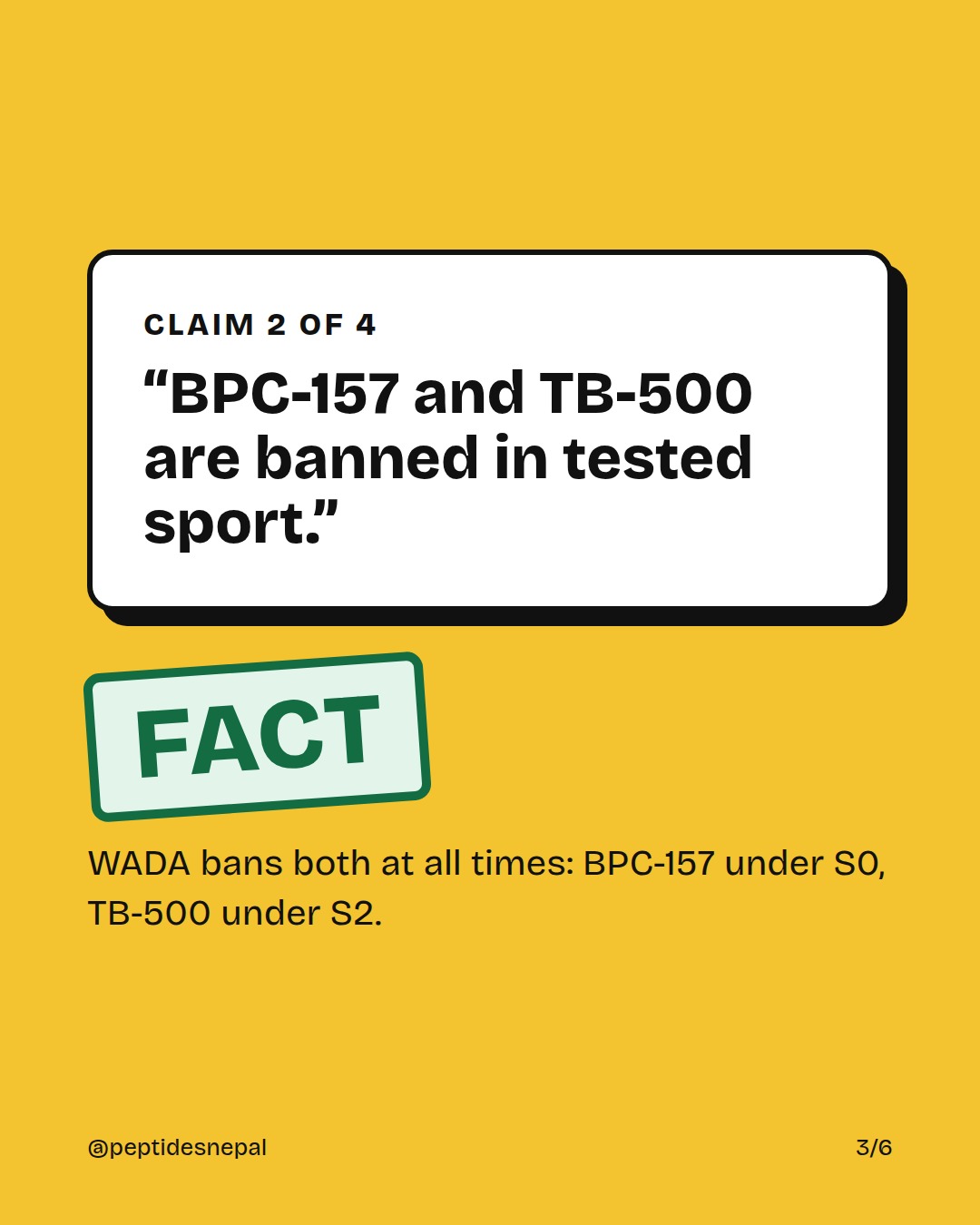 Claim 2: BPC-157 and TB-500 are banned in tested sport. FACT. WADA bans both at all times: BPC-157 under S0, TB-500 under S2.
