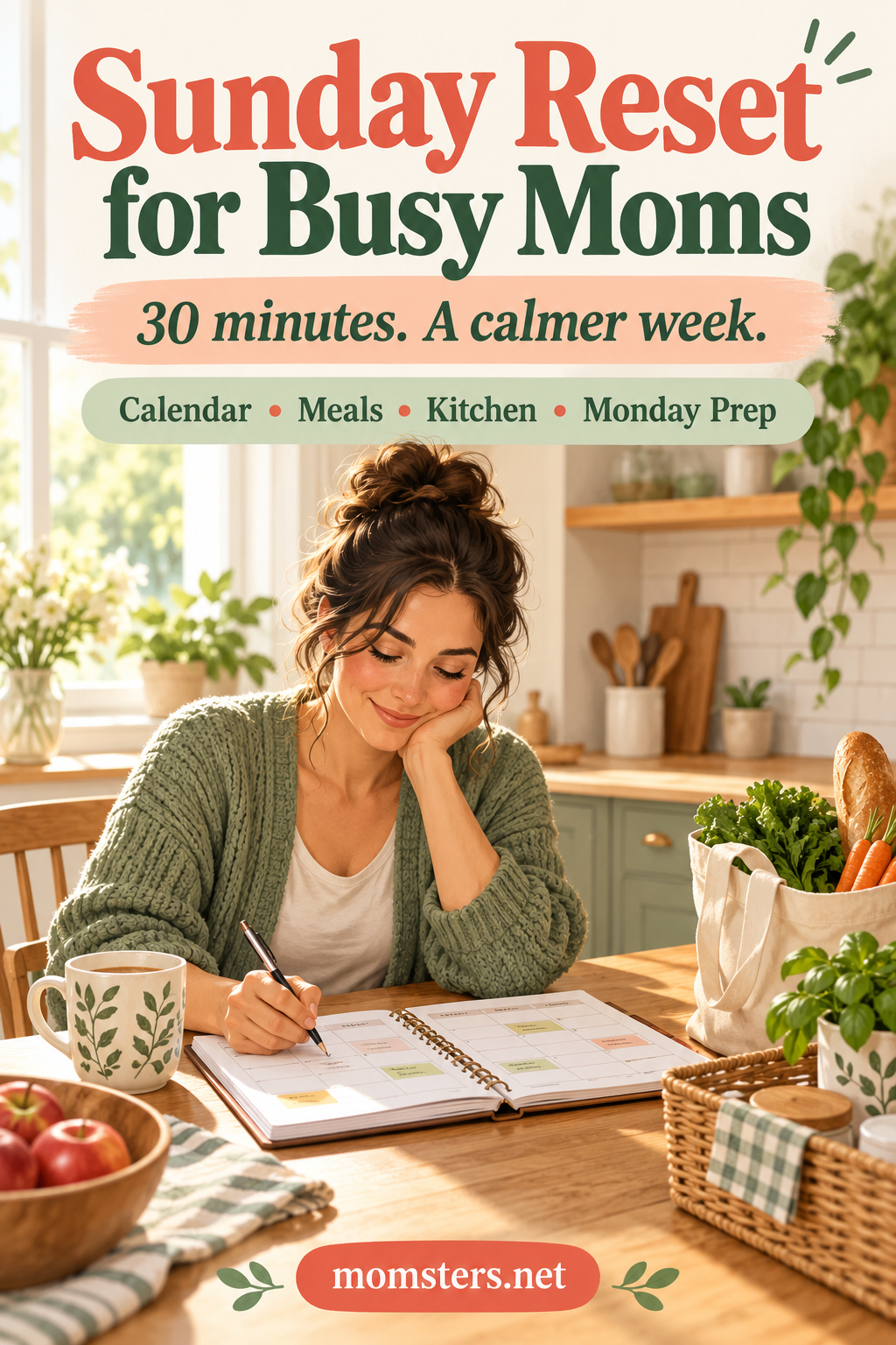 Sunday reset for busy moms: 30 minutes for calendar, meals, kitchen and Monday preparation.