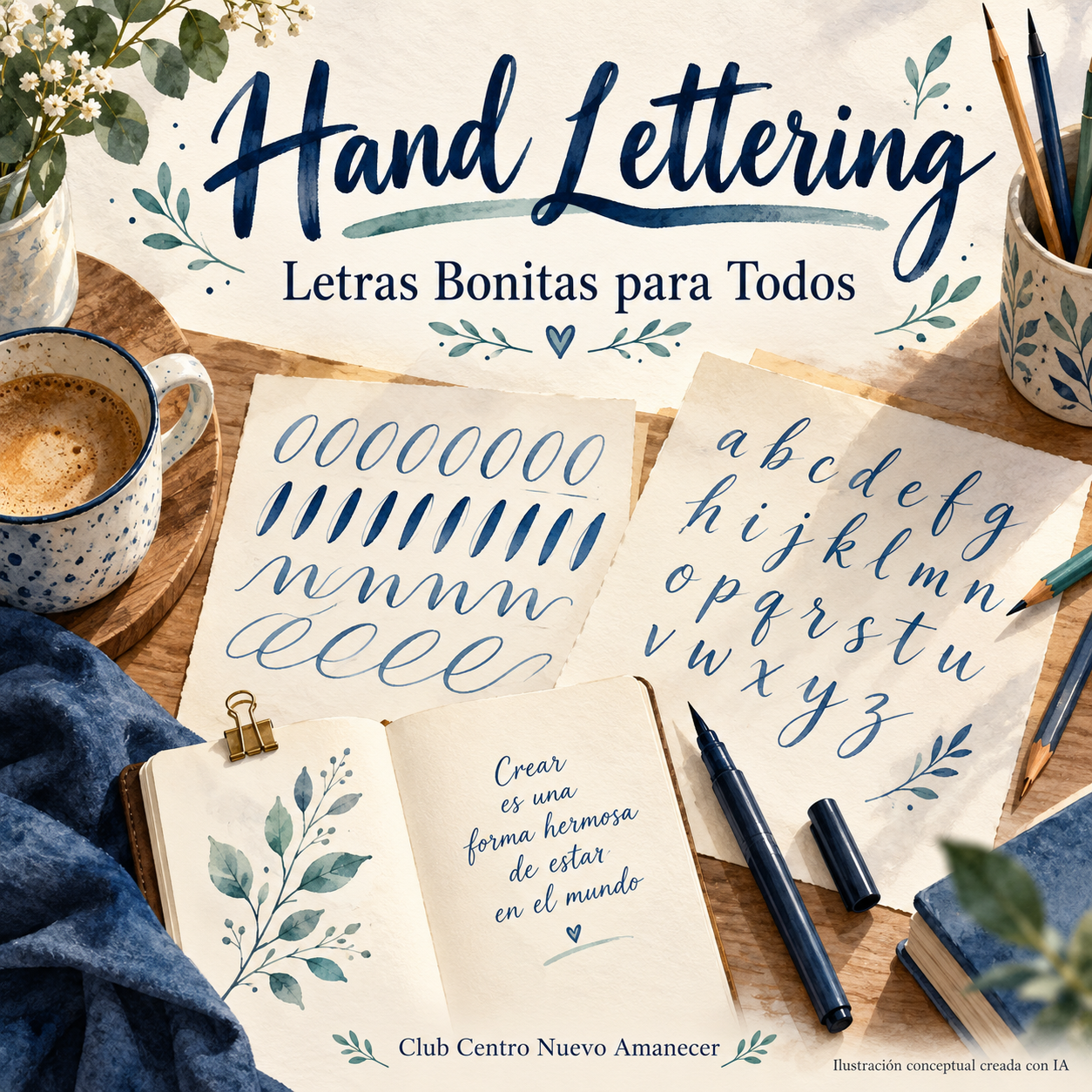 Ilustración conceptual creada con IA: hojas con letras y trazos, un cuaderno, lápices y rotuladores. No es material ni resultado del curso.