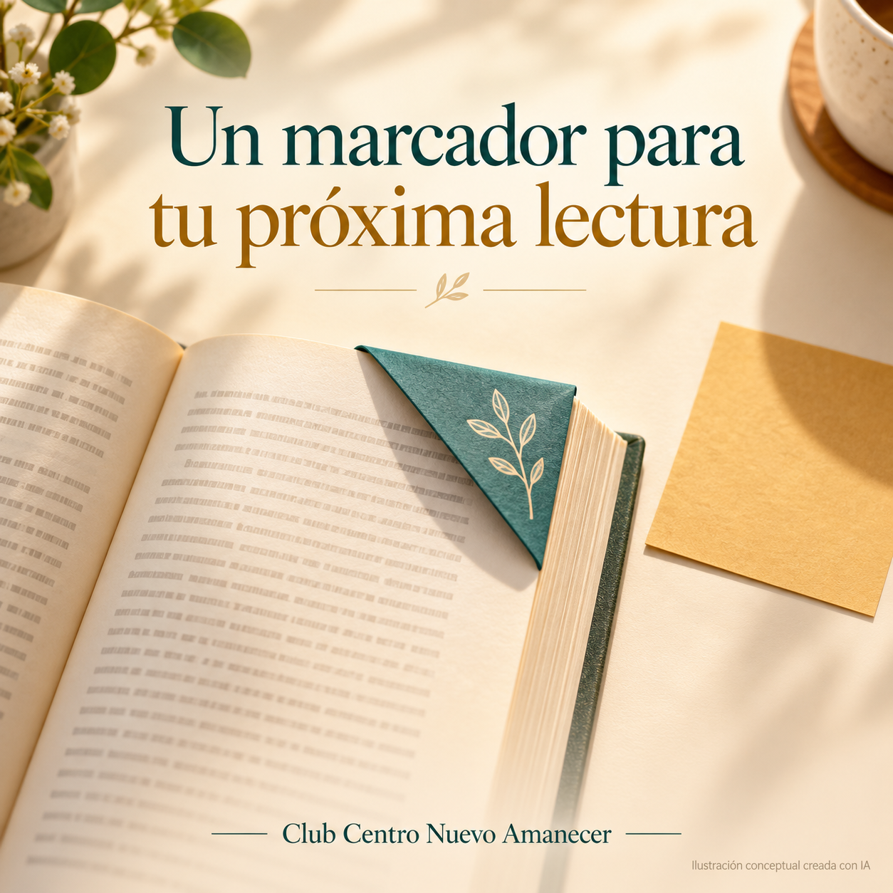 Ilustración conceptual creada con IA: un marcador de papel plegado sobre un libro abierto. No es material del curso.