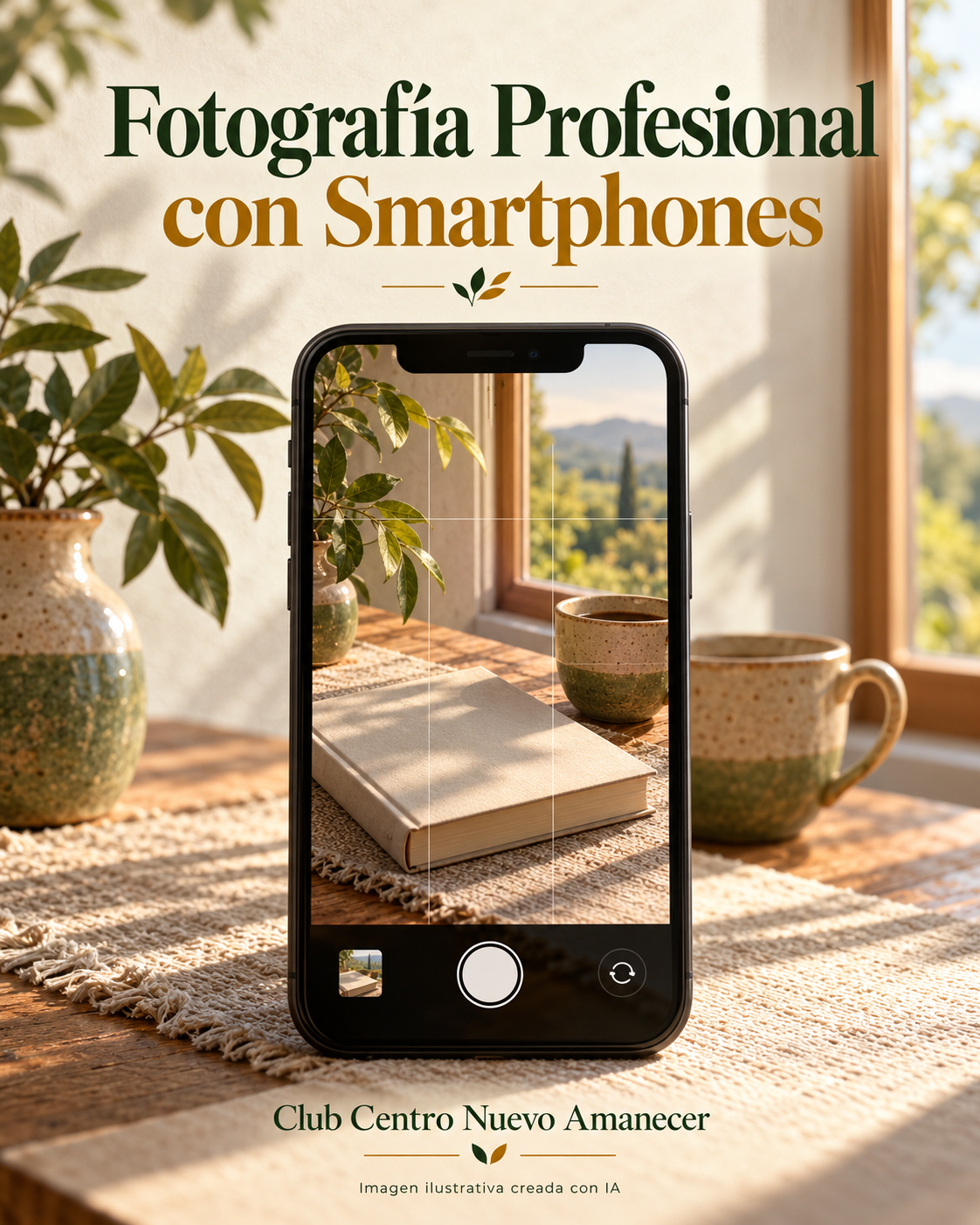 Imagen ilustrativa creada con IA: un smartphone encuadra una taza y un cuaderno junto a una ventana. No es material del curso.