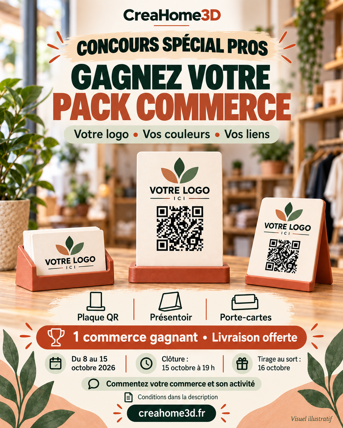 Exemple de Pack Commerce personnalisé : plaque QR avec socle, présentoir de comptoir avec QR et porte-cartes.