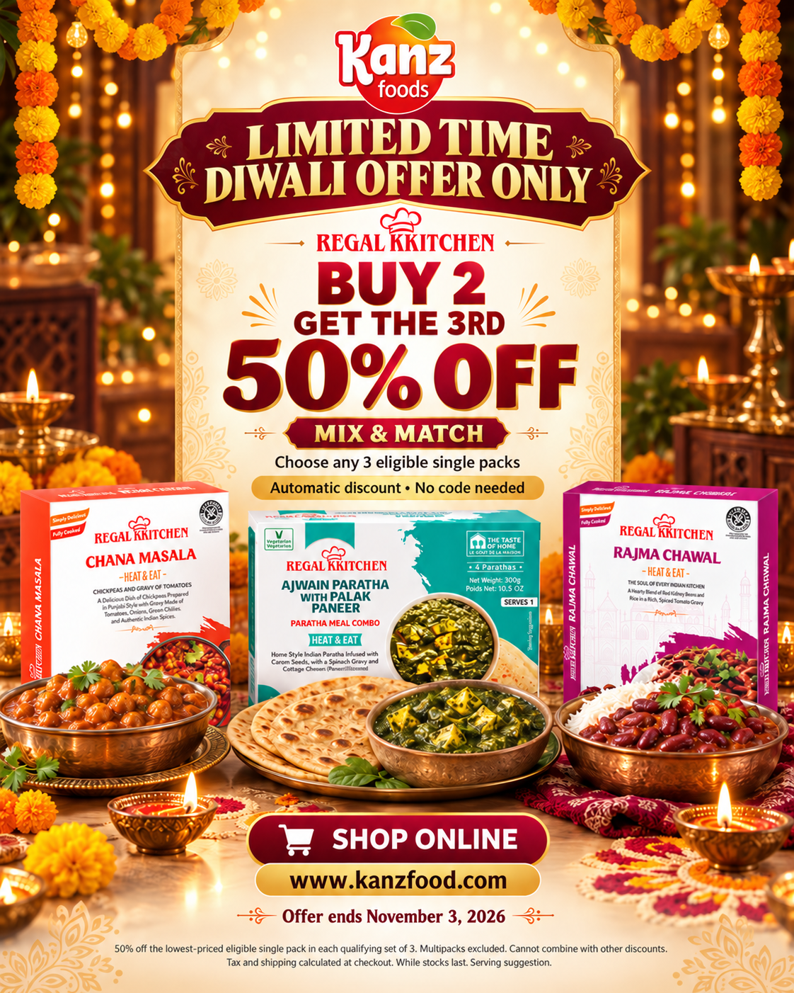 Regal Kitchen Diwali offer: Buy 2, get the third 50% off, mix and match eligible single packs, ends November 4