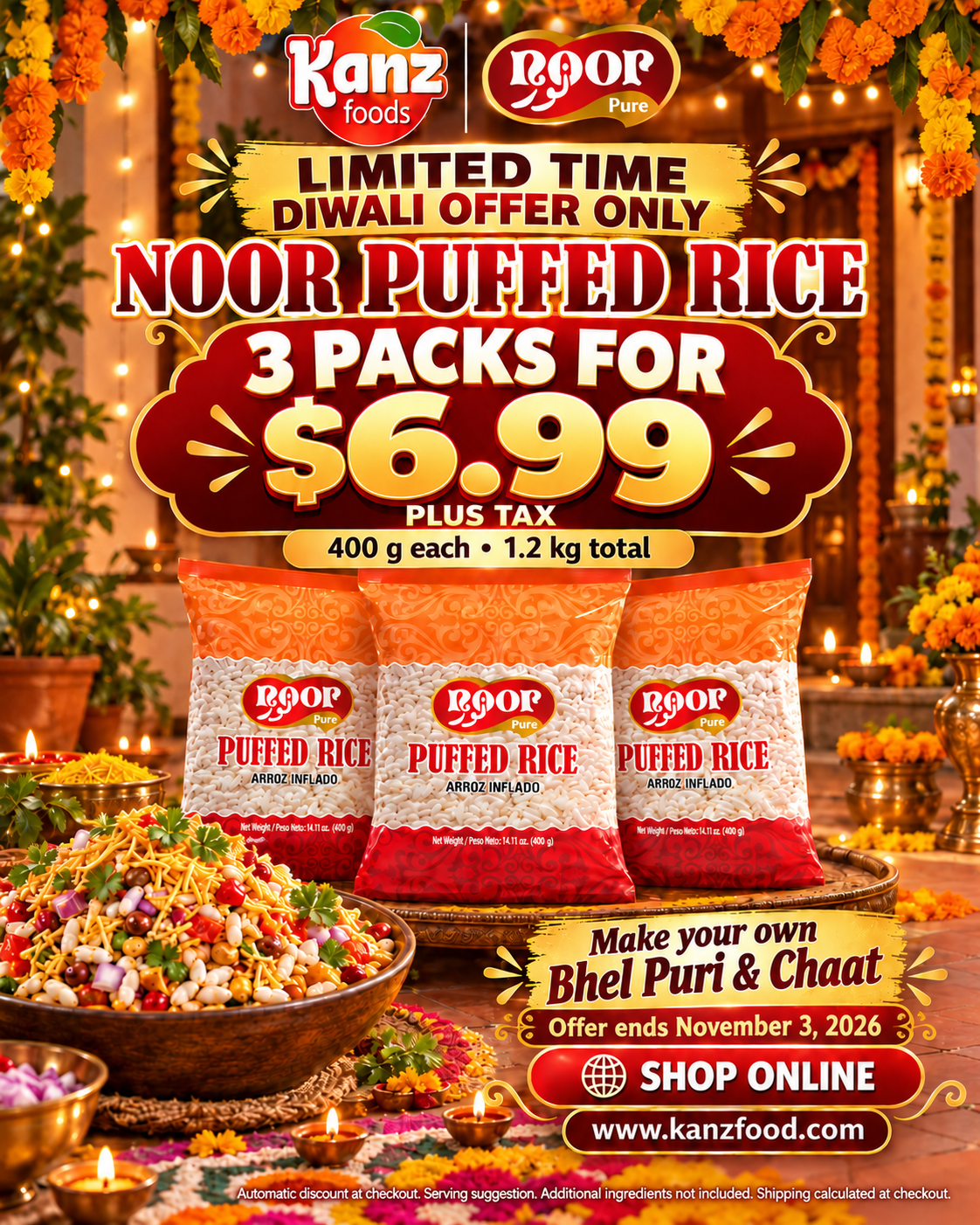 NOOR Puffed Rice Diwali offer: 3 x 400 g packs for $6.99 plus tax, ends November 4