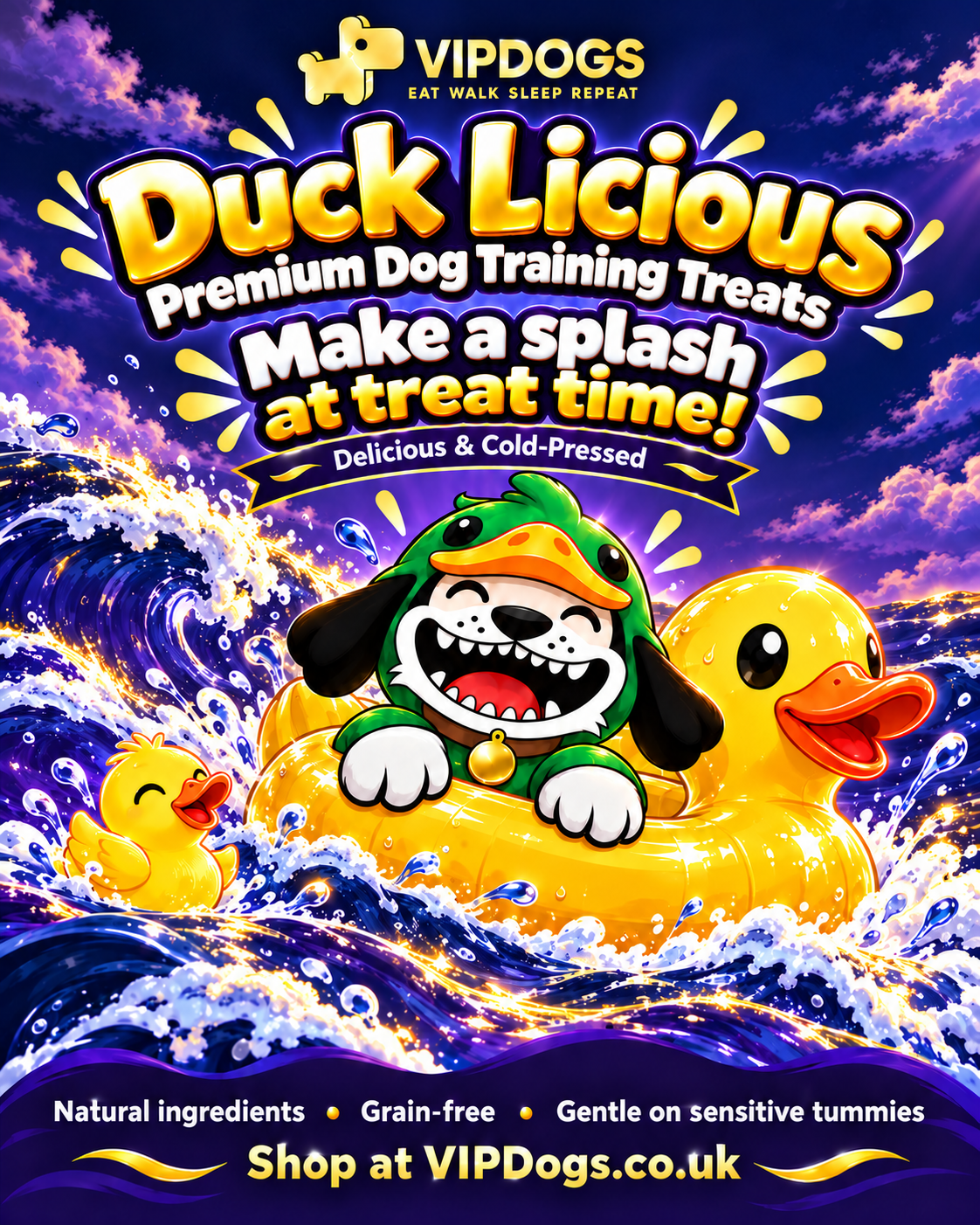 Make a Splash at Treat Time! - VIP Dogs duck-costumed dog in purple and gold scenery
