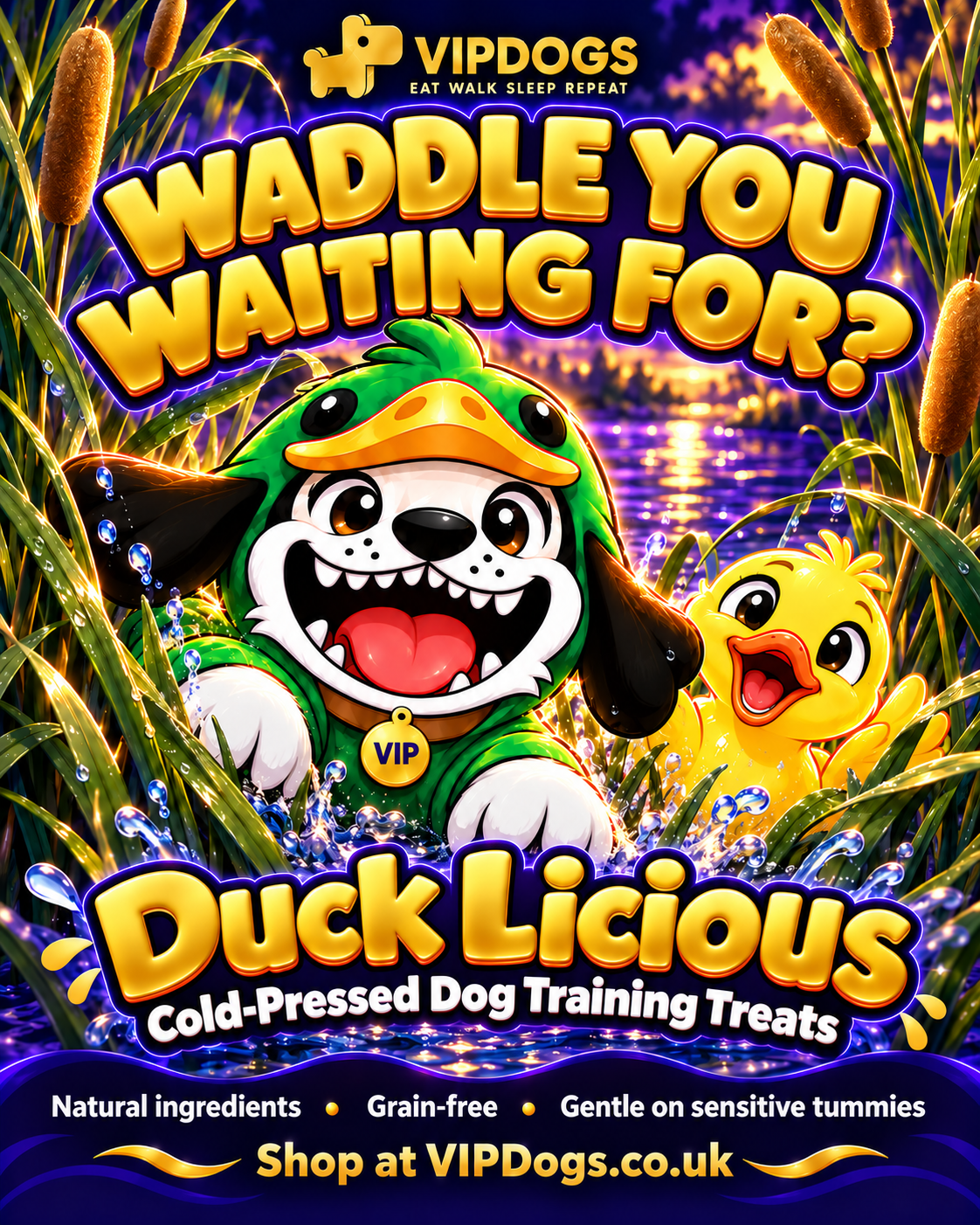 Waddle You Waiting For? - VIP Dogs duck-costumed dog in purple and gold scenery